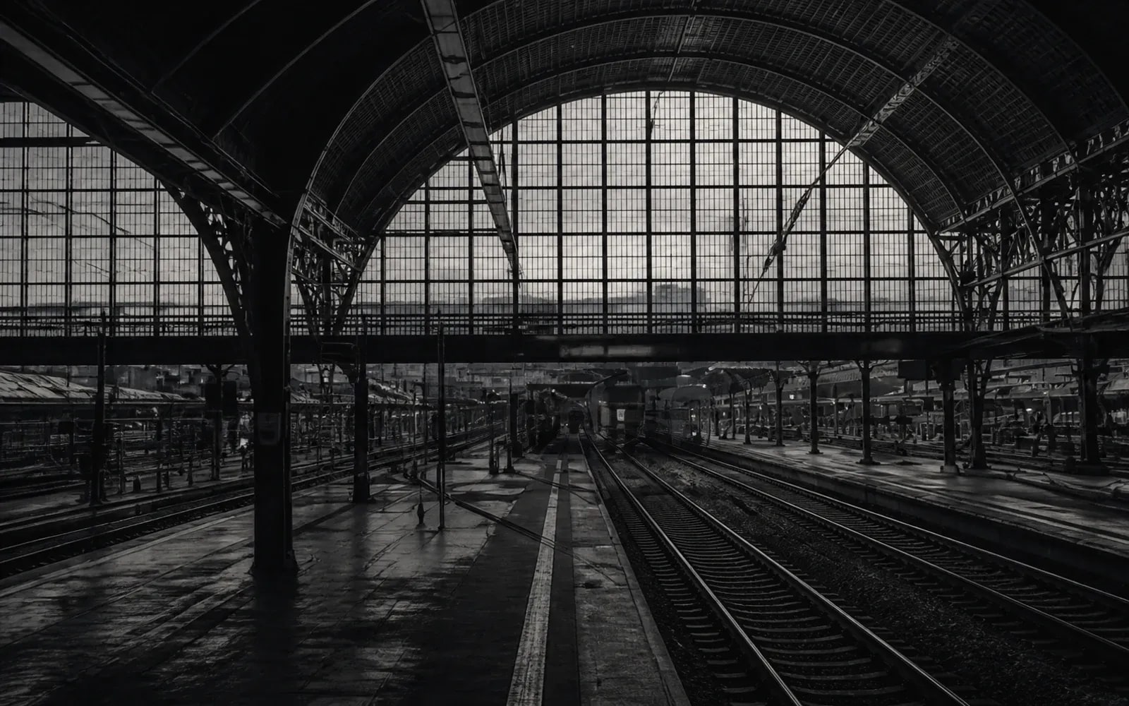 Historische Bahnhofshalle mit mehreren Gleisen